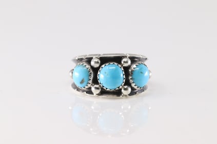 Native America Navajo Sterling Silver Turquoise Ring 3 Stone By R.C.