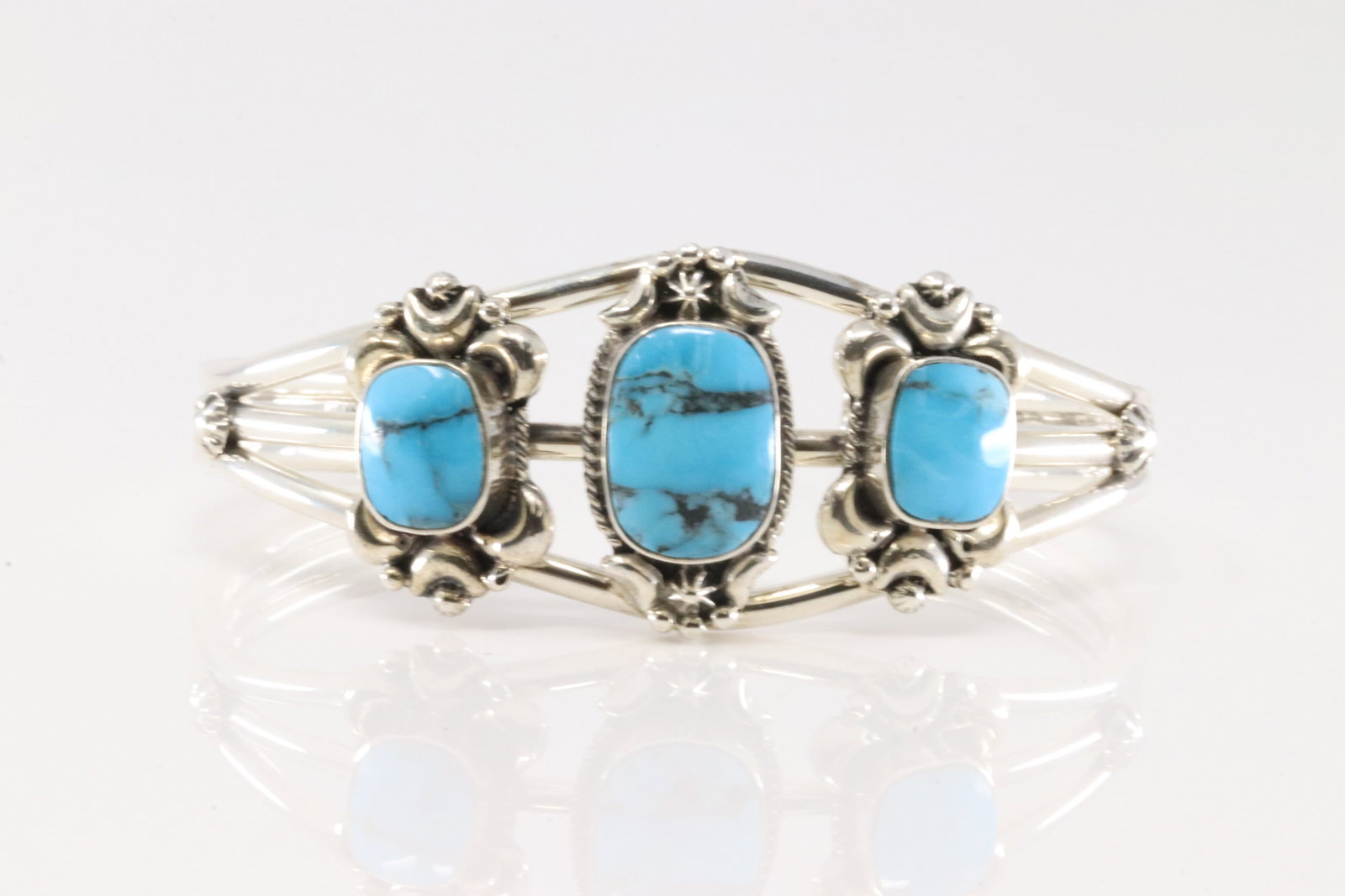 Native American Navajo Sterling Silver Turquoise Bracelet 3 Stone Cuff By R.B. (1 of 4)