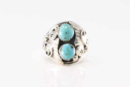 Native America Navajo Sterling Silver Turquoise Ring 2 Stone By B.