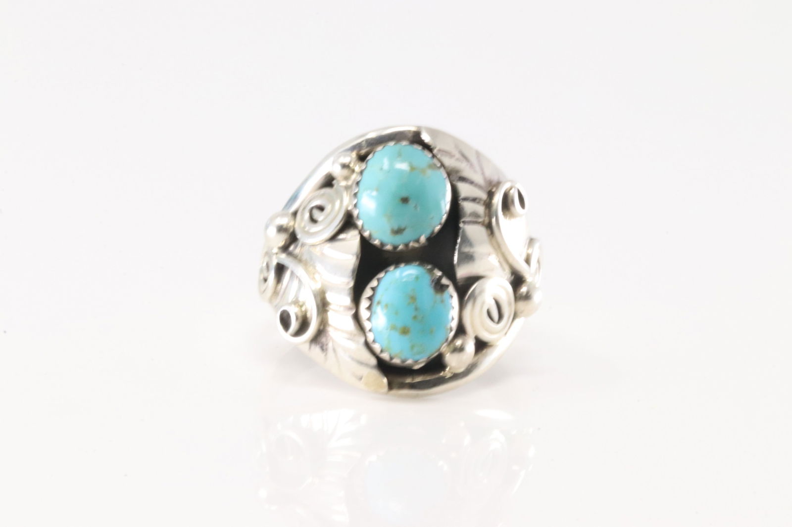 Native America Navajo Sterling Silver Turquoise Ring 2 Stone By B.