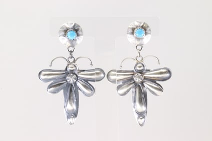 Native America Navajo Sterling Silver Turquoise Post / Dangling Earring's By Tim Yazzie.