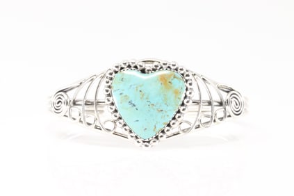 Native America Navajo Sterling Silver Kingman Turquoise Heart Bracelet Cuff By Jimmy Garcia.