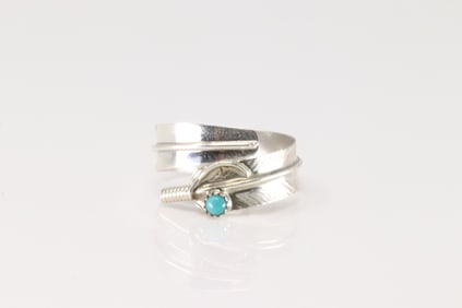 Native America Navajo Sterling Silver Turquoise Feather Ring By Aaron Davis.