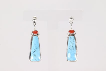 Native America Navajo Sterling Silver Coral & Turquoise Post / Dangling Earring's By Sharon