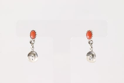 Native America Navajo Sterling Silver Coral Cowboy Hat Post Earring's By Judy Largo.