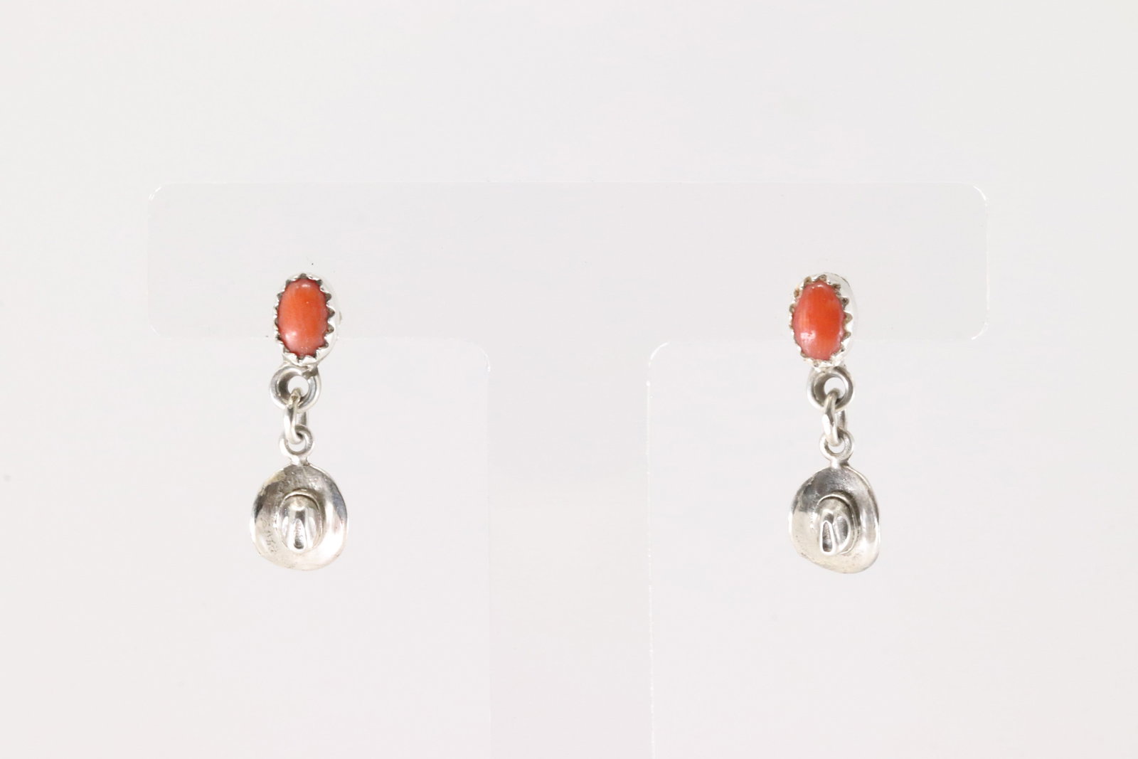 Native America Navajo Sterling Silver Coral Cowboy Hat Post Earring's By Judy Largo.: This is a Native America Navajo Sterling Silver Coral Cowboy Hat Post Earring's By Judy Largo.
