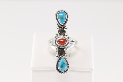 Native America Navajo Sterling Silver Coral & Turquoise Ring By Jerryson Henio.