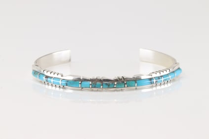 Native America Zuni Sterling Silver Turquoise Inlay Bracelet Cuff By Sheldon Lalio.