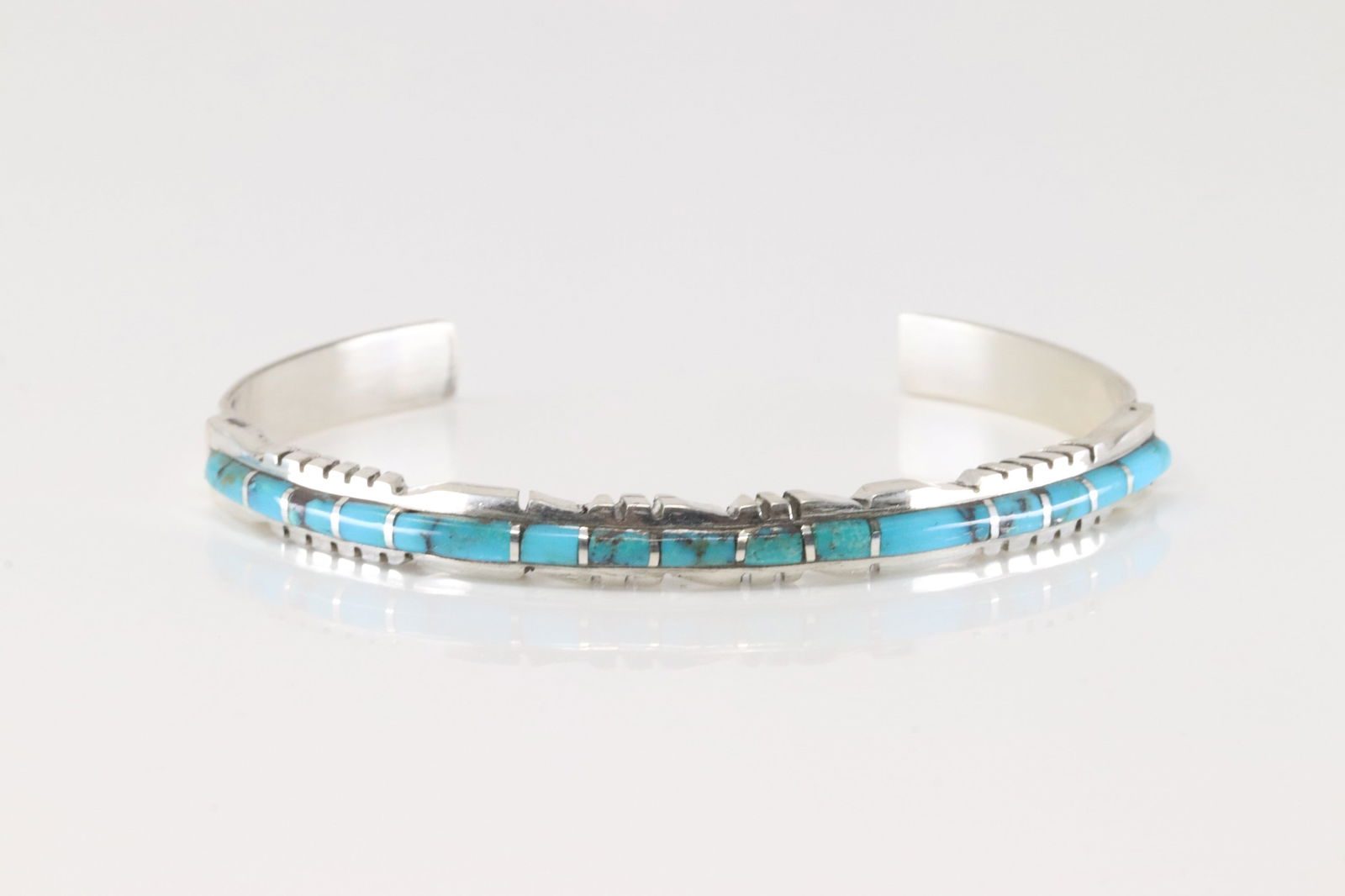 Native America Zuni Sterling Silver Turquoise Inlay Bracelet Cuff By Sheldon Lalio.: This is a Native America Zuni Sterling Silver Turquoise Inlay Bracelet Cuff By Sheldon Lalio.