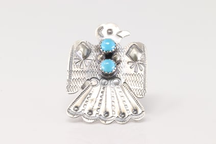 Native America Navajo Sterling Silver Turquoise Thunderbird Ring By T.Yazzie.
