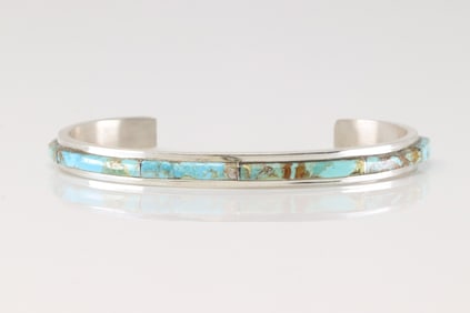 Native America Navajo Sterling Silver Kingman Turquoise Inlay Bracelet Cuff By S.F.