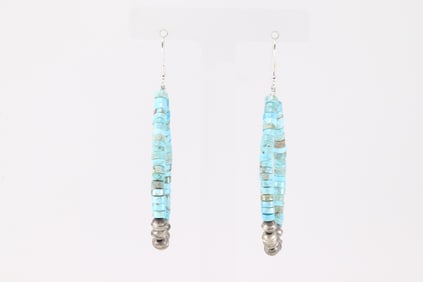 Native America Navajo Sterling Silver Kingman Turquoise / Pearl Beaded Dangling Earring's.