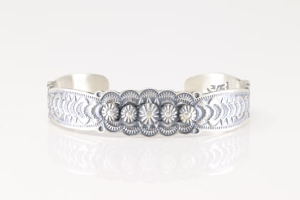 Native America Navajo Sterling Silver Solid Stamped Bracelet Cuff By Bennie Ramone.