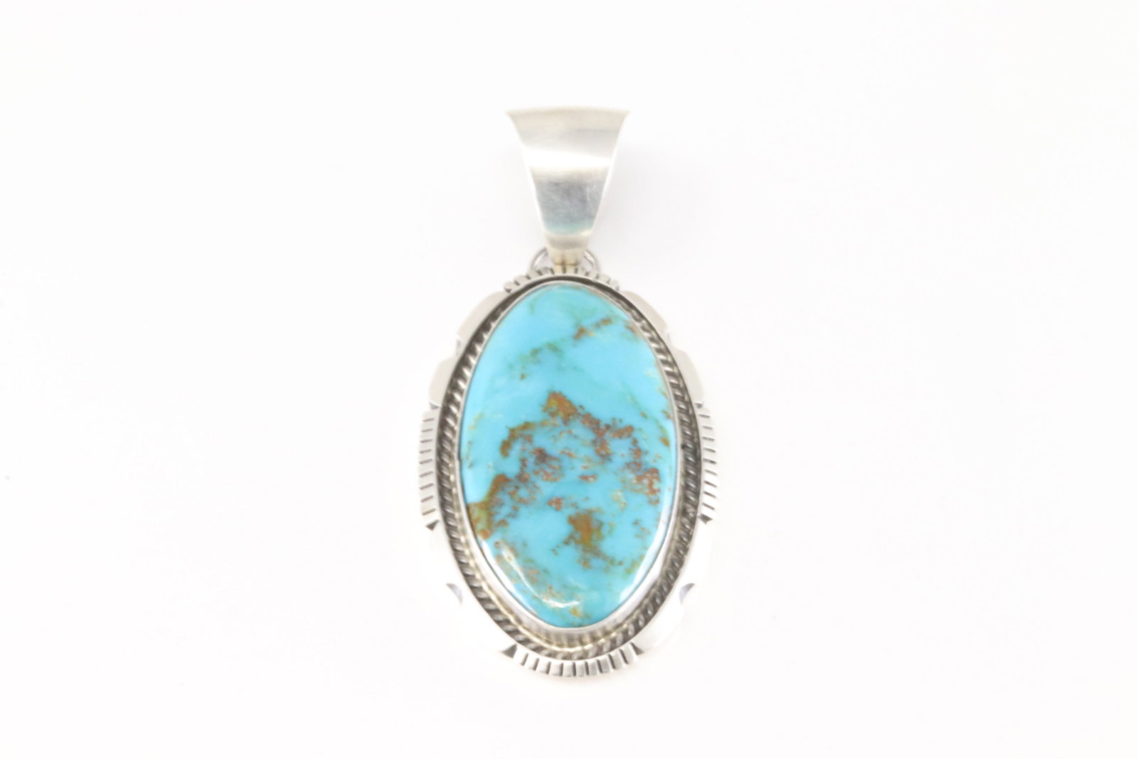 Native America Navajo Sterling Silver Kingman Turquoise Pendent By Alfred Martinez.: This is a Native America Navajo Sterling Silver Kingman Turquoise Pendent By Alfred Martinez.