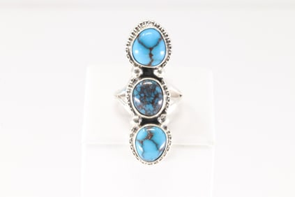 Native America Navajo Sterling Silver Turquoise Ring 3 Stone By S.
