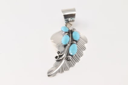Native America Navajo Sterling Silver Turquoise Leaf Pendent By Raymond Yazzie.