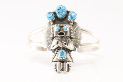 Native America Navajo Sterling Silver Kingman Turquoise Kachina Bracelet Cuff By Doris Smallcanyon.