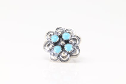 Native America Navajo Sterling Silver Turquoise Flower Ring By T.Yazzie.