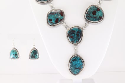 Native America Navajo Sterling Silver Kingman Turquoise Necklace & Earring's Set By Leslie Nez.