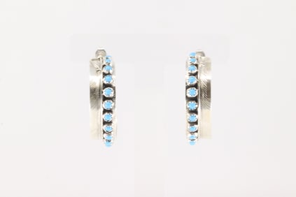 Native America Navajo Sterling Silver Turquoise Feather Hoop Earring's By Chester Charley.