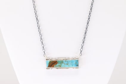Native America Navajo Sterling Silver Kingman Turquoise Inlay Necklace By Steve Francisco.