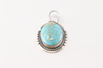 Native America Navajo Sterling Silver Kingman Turquoise Pendant By F.