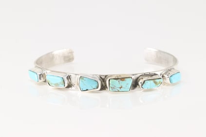 Native America Zuni Sterling Silver Kingman Turquoise Bracelet Cuff By Jude Candelaria.