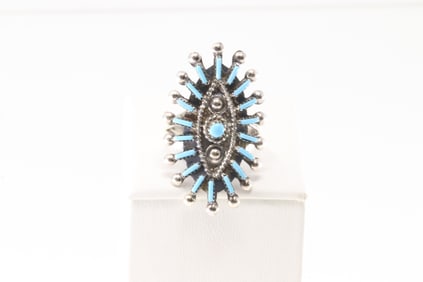 Native American Zuni Sterling Silver Needle Turquoise Ring By P.L.