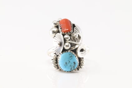 Native America Navajo Sterling Silver Coral & Turquoise Ring By Max Calladitto.