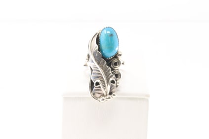 Native America Navajo Sterling Silver Turquoise Ring Leaf By H.M.