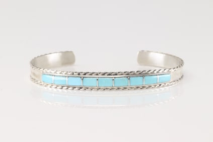 Native America Navajo Sterling Silver Turquoise Inlay Bracelet Cuff By J.P.