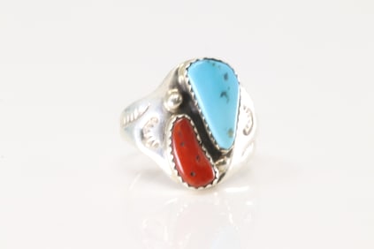 Native American Zuni Sterling Silver Coral & Turquoise Ring By M.L.