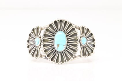 Native America Navajo Sterling Silver Kingman Turquoise Bracelet Cuff By Geraldine James.