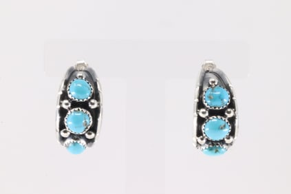 Native America Navajo Sterling Silver Kingman Turquoise Hoop Earring's By Reed Charley.