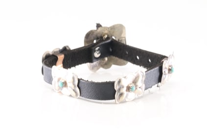 Native America Navajo Sterling Silver Turquoise Leather Bracelet By Joan Begay.