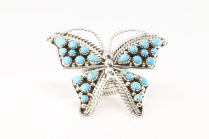 Native America Navajo Sterling Silver Kingman Turquoise Butterfly Ring By Tina Jones.
