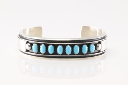 Native America Navajo Sterling Silver Kingman Turquoise Bracelet Cuff By Calvin James.