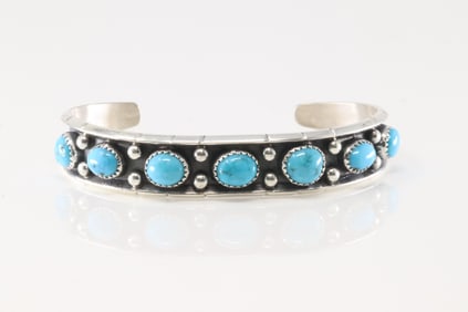 Native America Navajo Sterling Silver Kingman Turquoise Bracelet Cuff By Read Charley.