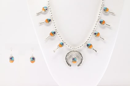 Native America Navajo Sterling Silver Multi-Color Stone Inlay Squash Blossom Necklace & Earring's