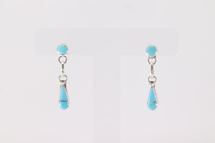 Native America Zuni Sterling Silver Kingman Turquoise Post / Dangling Earring's By Velda Nastacio.