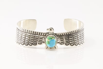 Native American Navajo Sterling Silver Sonora Gold Turquoise Thunderbird Bracelet Cuff By Darrell