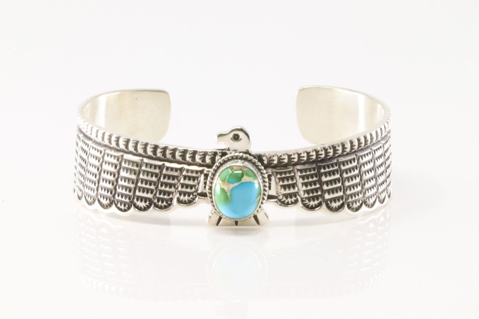 Native American Navajo Sterling Silver Sonora Gold Turquoise Thunderbird Bracelet Cuff By Darrell (1 of 4)