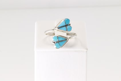 Native America Zuni Sterling Silver Turquoise Inlay Heart Ring By RVN.