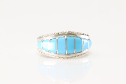 Native America Zuni Sterling Silver Turquoise Inlay Ring By M.P.