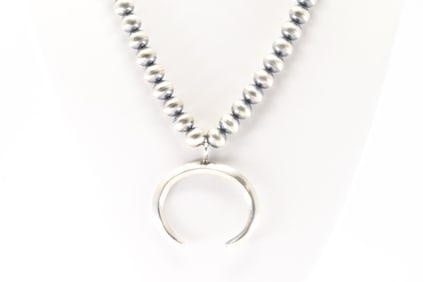 Native America Navajo Sterling Silver Pearl Beaded Naja Necklace By Rena Begay.