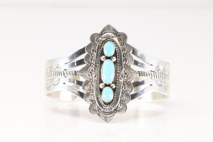 Native America Navajo Sterling Silver Turquoise Bracelet Cuff By Eula Wylie.