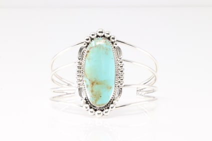 Native America Navajo Sterling Silver Kingman Turquoise Bracelet Cuff By Charlene Yazzie.