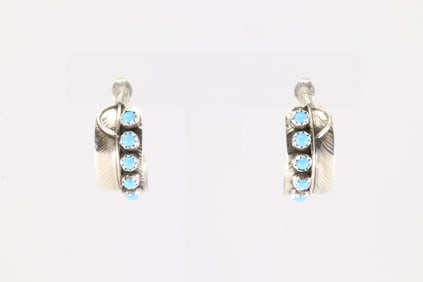 Native America Navajo Sterling Silver Turquoise Feather Hoop Earring's By Chester Chandle.