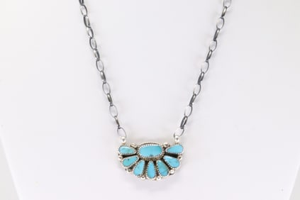 Native America Navajo Sterling Silver Turquoise Kingman Necklace By Alicia Wilson.