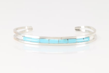 Native America Zuni Sterling Silver Turquoise Inlay Bracelet Cuff By ALW.